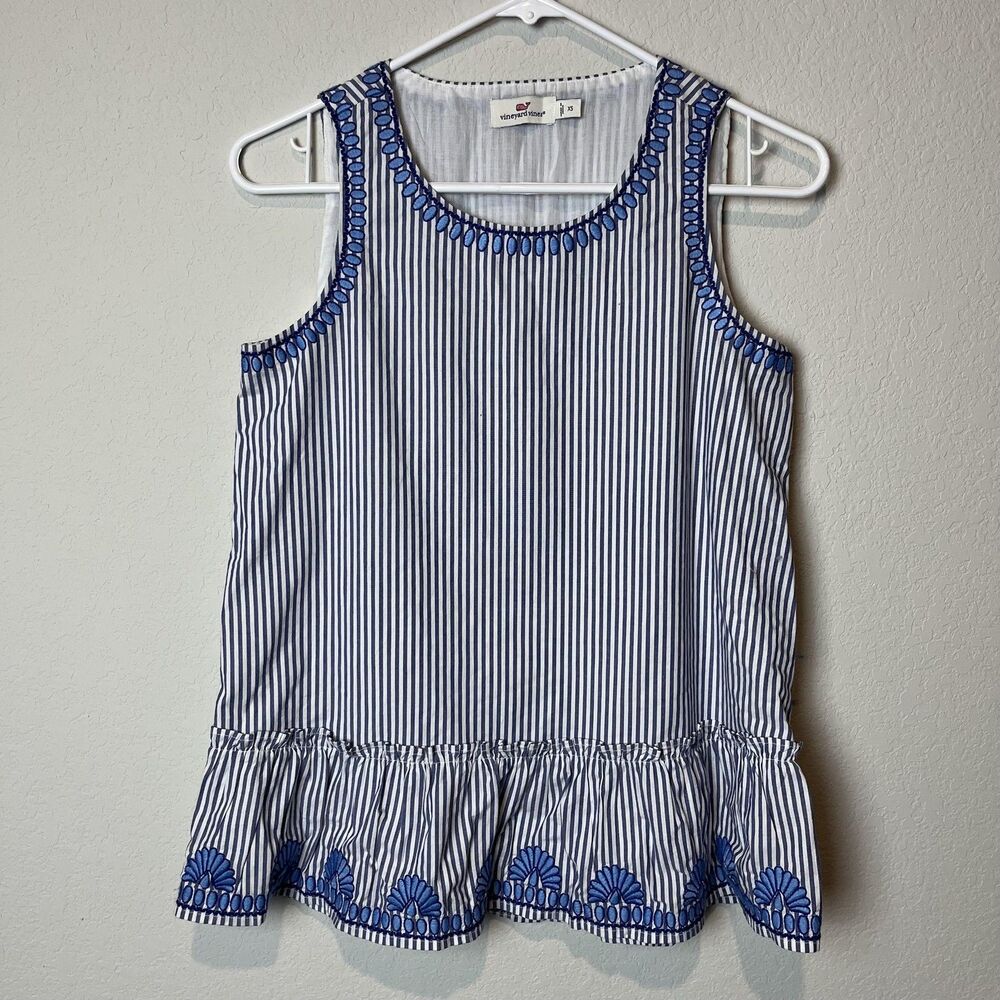 Vineyard‎ Vines Shirt Womens XS Blue White Stripe Embroidered Peplum Tank Top